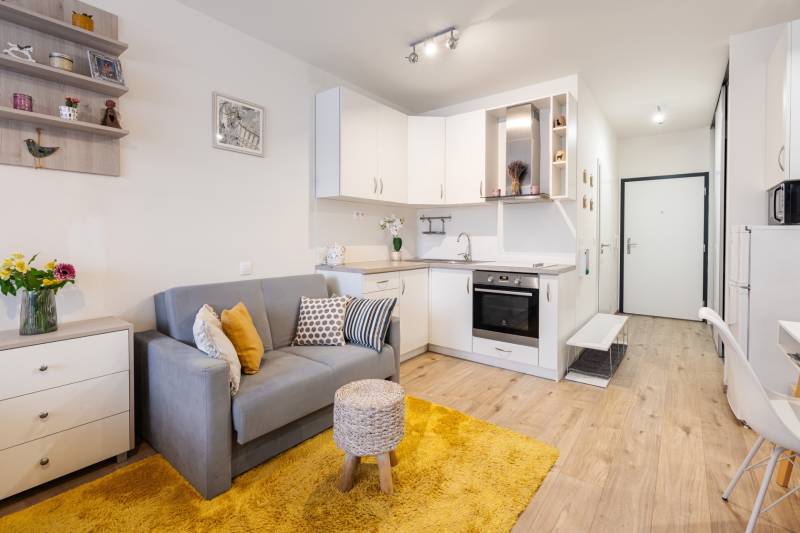 Kompaktní 1pokojový byt s kuchyňským koutem, šedou pohovkou a podlahou s dřevěným dekorem.