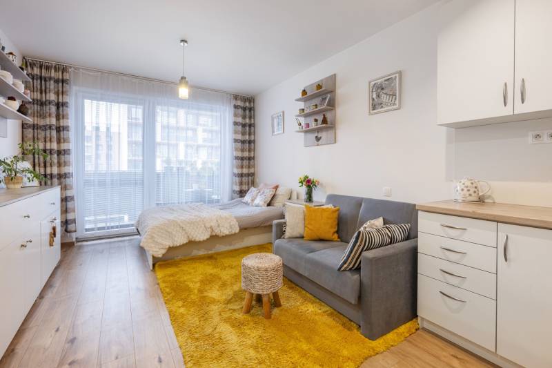 Světlý 1-pokojový byt s pohovkou, postelí a podlahou s dřevěným dekorem.