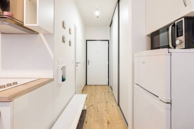 Úzká chodba s kuchyňskou linkou, mikrovlnkou a podlahou s dřevěným dekorem v 1-pokojovém bytě.