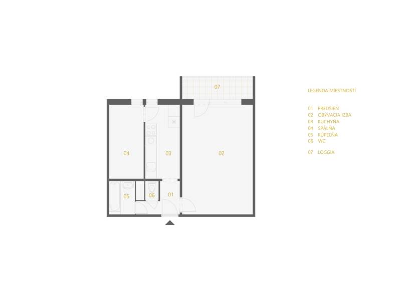 Pôdorys 1-izbového bytu s obývacou izbou, kuchyňou, loggiou a kompletným zázemím.