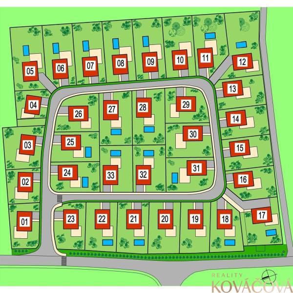 Plán pozemků k bydlení v Kočovcích s očíslovanými parcelami.