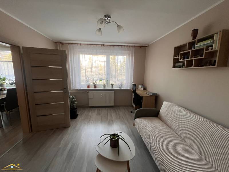 Obývací pokoj ve 3pokojovém bytě s podlahou s dřevěným dekorem, pohovkou a stolkem.