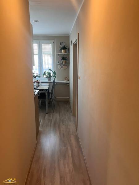 Úzká chodba v 3-pokojovém bytě vede ke světlé jídelně s rostlinami a dekoracemi.