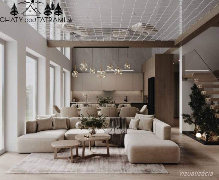 Elegantní obývací pokoj v chatě s podlahou s dřevěným dekorem a moderním nábytkem.