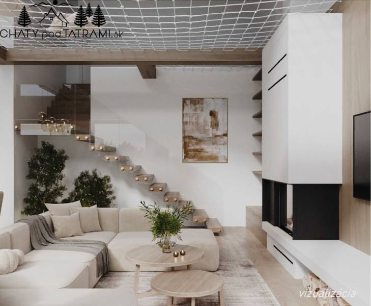 Světlý obývací pokoj v chatě s pohodlnou sedací soupravou a podlahou s dřevěným dekorem.