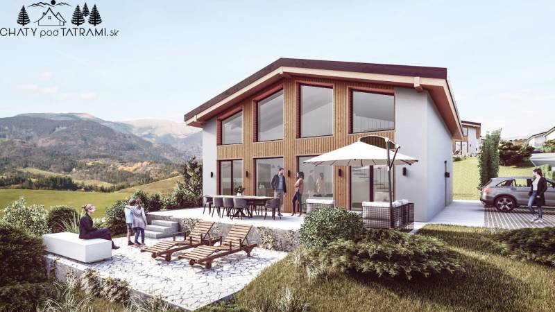 Chata v Dolní Lehotě s terasou a výhledem na hory, posezení a lehátka.