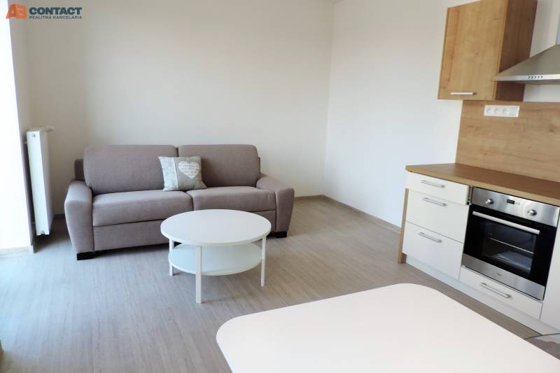 Garsonka na ulici Bodona s pohovkou, kuchyňskou linkou a konferenčním stolkem.