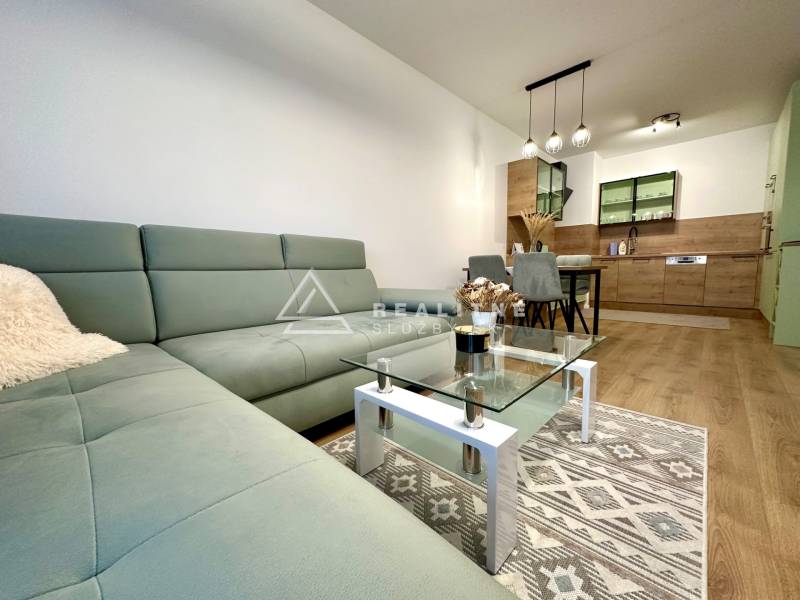 Obývací pokoj v 2-pokojovém bytě s podlahou s dřevěným dekorem a pohodlnou sedačkou.