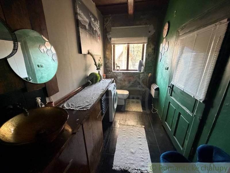 Koupelna v rodinném domě s tmavými stěnami, toaletou a pračkou.