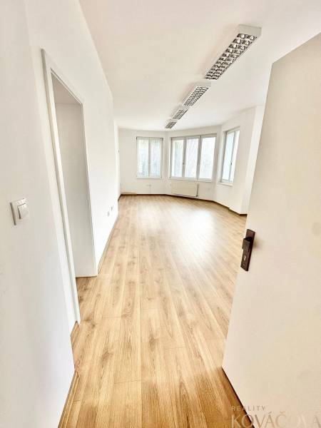 Světlé kanceláře s podlahou s dřevěným dekorem a velkými okny.