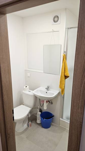 Koupelna v garsonce s umyvadlem, toaletou, sprchou a zrcadlem, neutrální barvy.