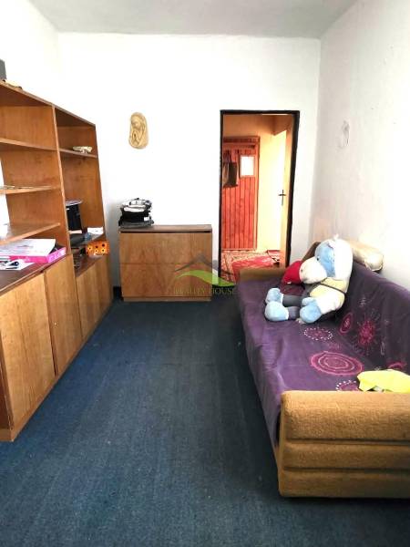 Rodinný dům s kobercem, pohovkou a policemi. Dětský medvídek na pohovce.