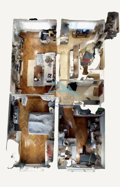 3D půdorys 3-pokojového bytu s podlahou s dřevěným dekorem a nábytkem.