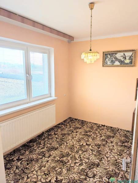 V rodinném domě je pokoj s kobercovou podlahou, závěsným lustrem a malbou.