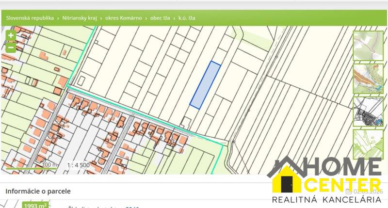 Mapa pozemků v obci Iža určených k bydlení, zvýrazněná parcela.