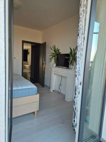 Ložnice s postelí, televizí a rostlinami v třípokojovém bytě s podlahou s dřevěným dekorem.