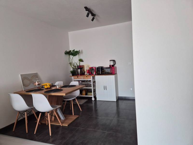 Jídelní kout s dřevěným stolem, čtyřmi židlemi a rostlinou v 3-pokojovém bytě.