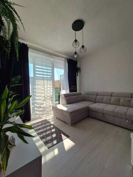 Obývací pokoj ve 3-pokojovém bytě s podlahou s dřevěným dekorem, velkou sedačkou a rostlinami.