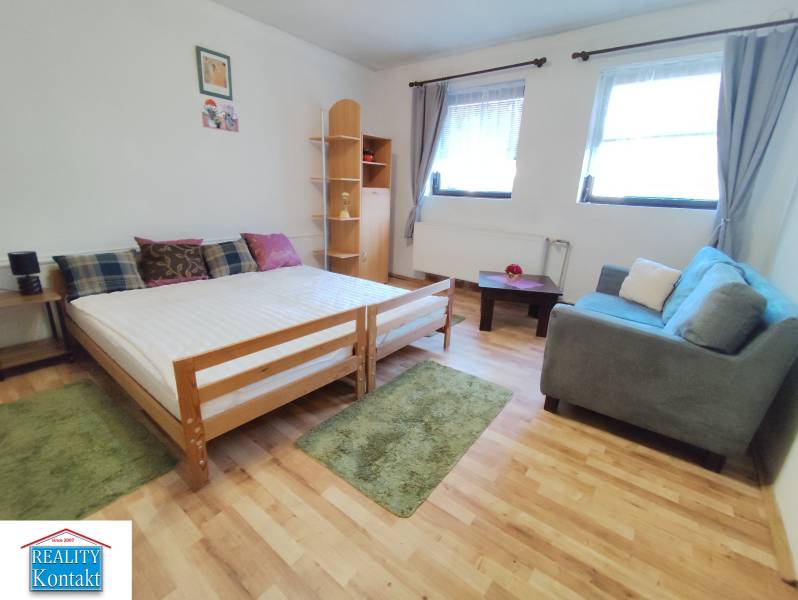 V 1-pokojovém bytě je postel, pohovka a podlaha s dřevěným dekorem.