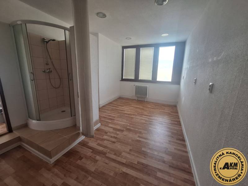 Obchodní prostory s podlahou s dřevěným dekorem a sprchovým koutem.