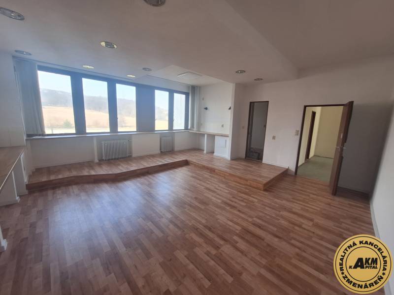 Interiér Obchodní prostory s velkými okny, podlaha s dřevěným dekorem, prázdná místnost.