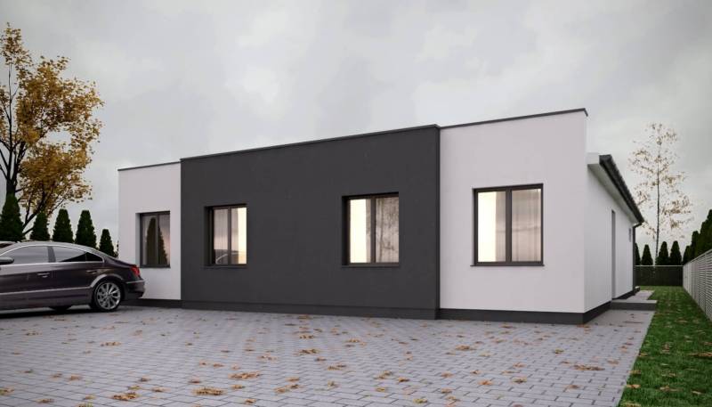 Rodinný dům v Trnavě s bílou a tmavou fasádou, dlažbou a zaparkovaným autem.