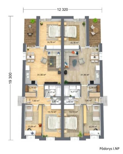 Půdorys přízemí rodinného domu se dvěma ložnicemi a obývací částí na podlaze s dřevěným dekorem.