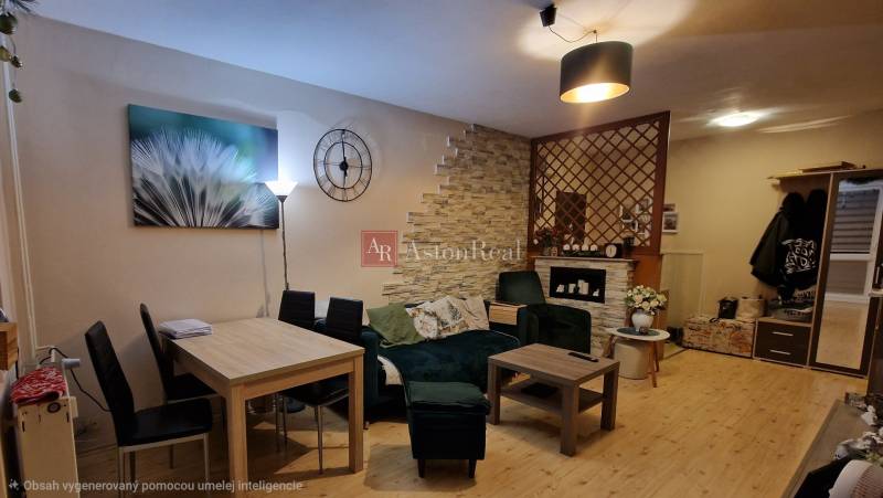 Obývací pokoj s podlahou s dřevěným dekorem a stylovým sezením v 3-pokojovém bytě.