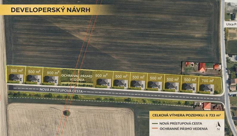 Developerský návrh pozemků - bydlení v Sokolovcích se sedmi parcelami různých velikostí.