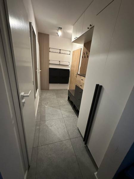 Chodba v 2-pokojovém bytě s dlažbou, skříňkami a dřevěnými stěnovými panely.