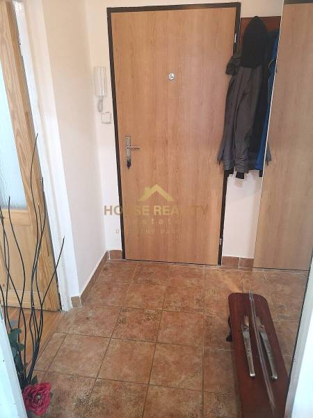 Vstupní hala 2pokojového bytu s keramickou podlahou a bundami na věšáku.