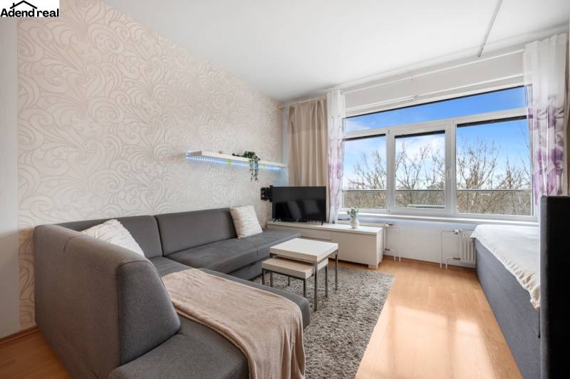 Obývací část 1-pokojového bytu s pohovkou, TV, světlými stěnami a podlahou s dřevěným dekorem.