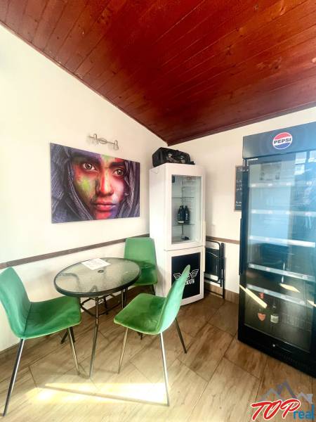 Gastro prostory s podlahou s dřevěným dekorem, zelené židle, obrazy a lednička.