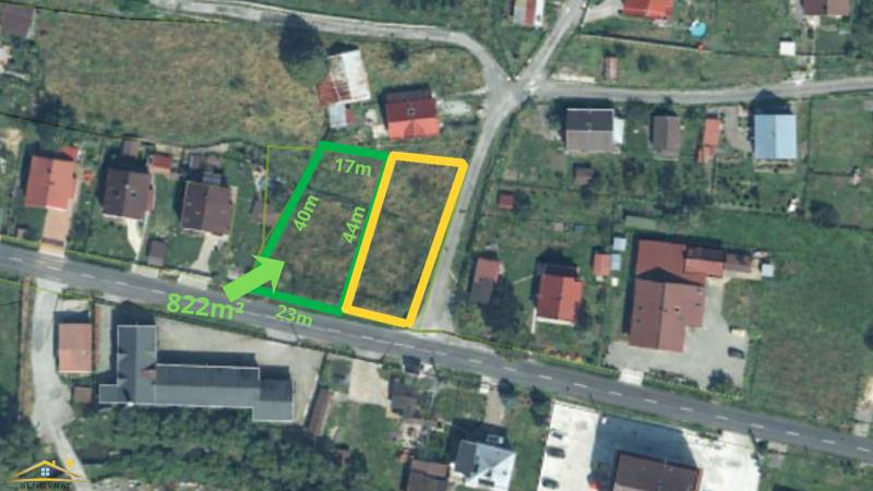 Letecký pohled na pozemky k bydlení v Korni s označenými rozměry a plochou.