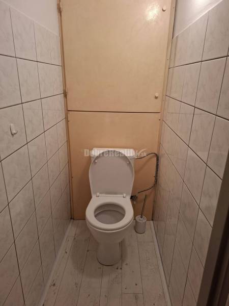 Toaleta s dlaždicemi a podlahou s dřevěným dekorem v 1-pokojovém bytě.