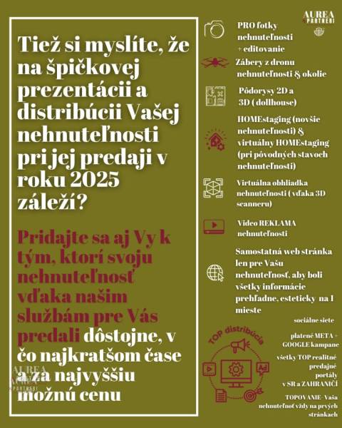 Reklamní plakát pro služby prezentace a distribuce nemovitostí s podrobným seznamem nabídek.