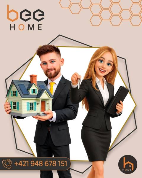 Animované postavy prezentují model domu a klíč se službami Bee Home.