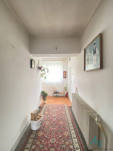 Chodba v rodinném domě s kobercem a podlahou s dřevěným dekorem.