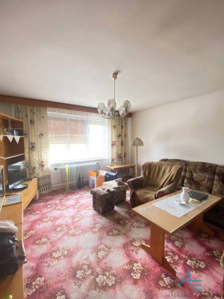 Obývací pokoj v rodinném domě s kobercem s květinovým vzorem a nábytkem.