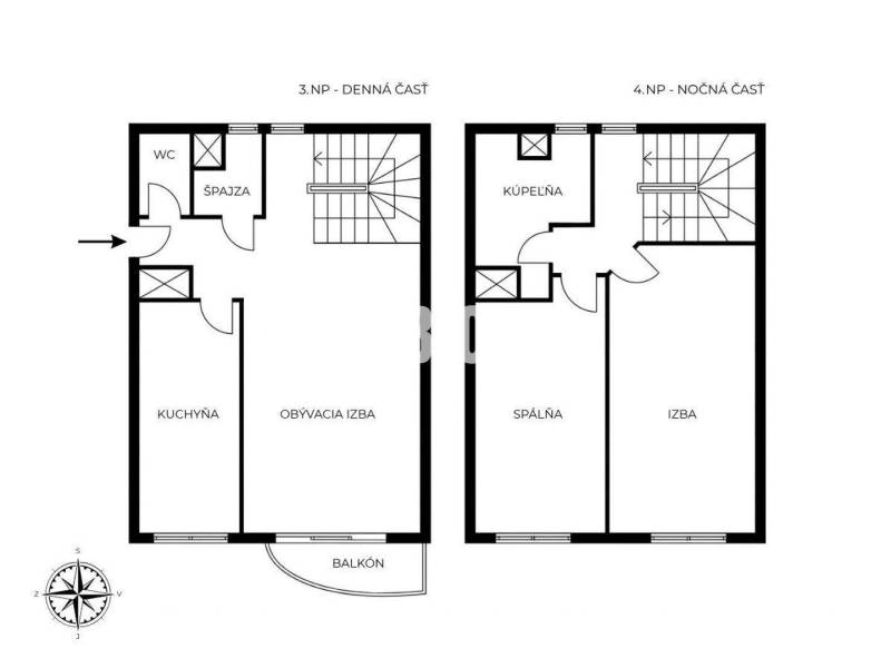 Půdorys 3-pokojového bytu se schodištěm, koupelnou a balkonem na dvou podlažích.