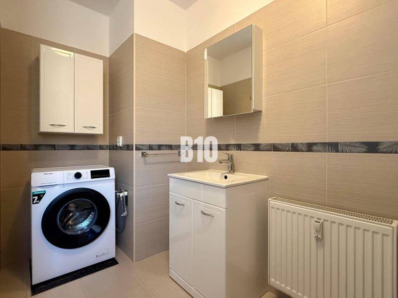 Koupelna s pračkou, umyvadlem a skříňkami v Rekreačním apartmánu.