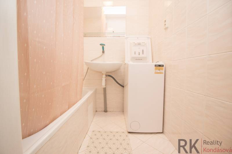 Koupelna se sprchovým závěsem, umyvadlem a pračkou ve 4pokojovém bytě.