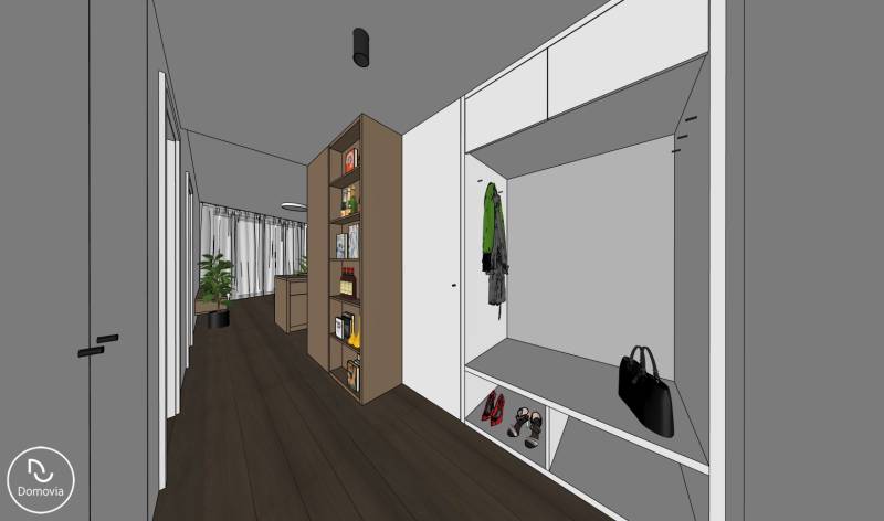 Interiér 2-pokojového bytu s dekorem dřeva, vestavěné skříně a prosvětlený obývací prostor.