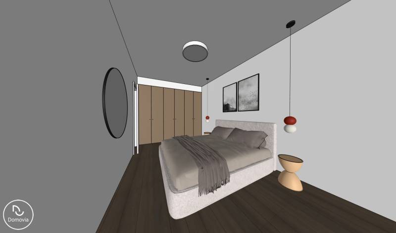 Ložnice v 2-pokojovém bytě s podlahou s dřevěným dekorem a šedými stěnami.
