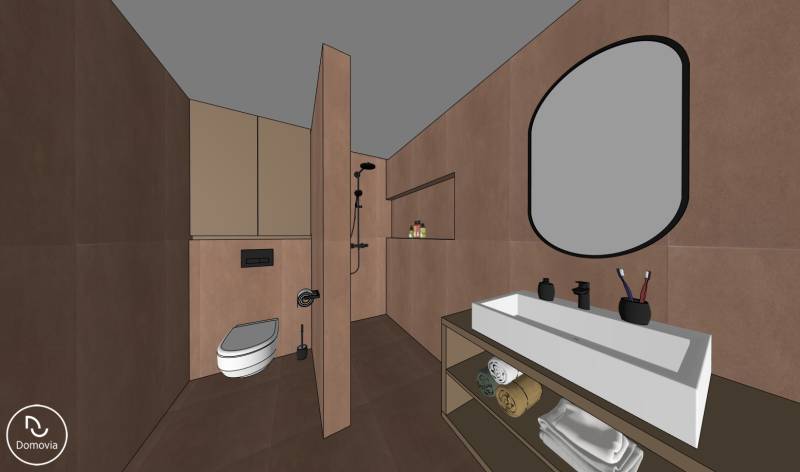 Moderní koupelna v 2pokojovém bytě s prostorným sprchovým koutem a umyvadlem.