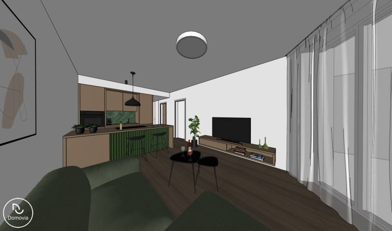 Obývací pokoj v 2-pokojovém bytě s kuchyňským koutem a podlahou s dřevěným dekorem.