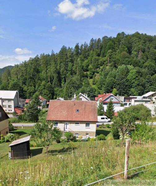 Rodinný dům v Liptovských Revúcích obklopený zelení a dalšími domy na pozadí lesa.