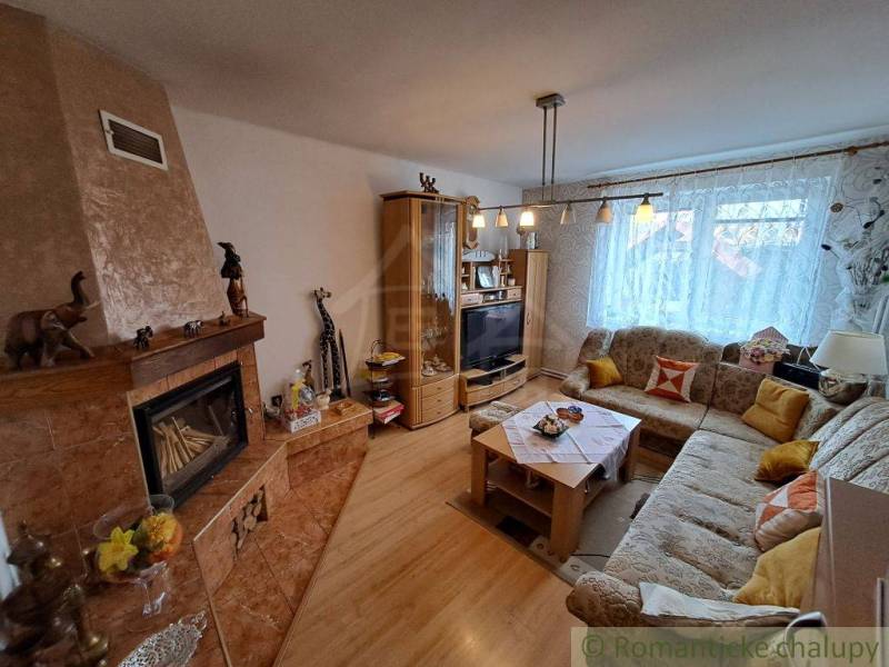 Obývací pokoj v rodinném domě s krbem, pohovkou a podlahou s dřevěným dekorem.