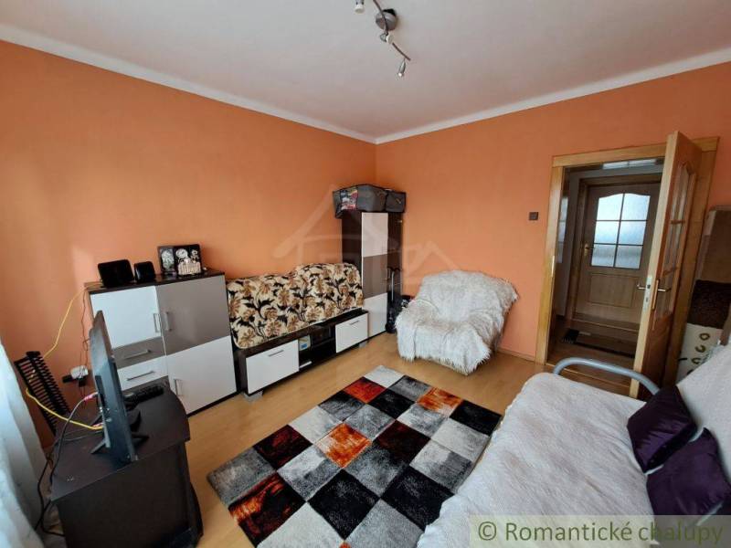 Obývací pokoj v rodinném domě s nábytkem, televizorem a podlahou s dřevěným dekorem.