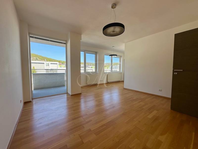 Obývací pokoj ve 4pokojovém bytě s podlahou s dřevěným dekorem a balkonem.